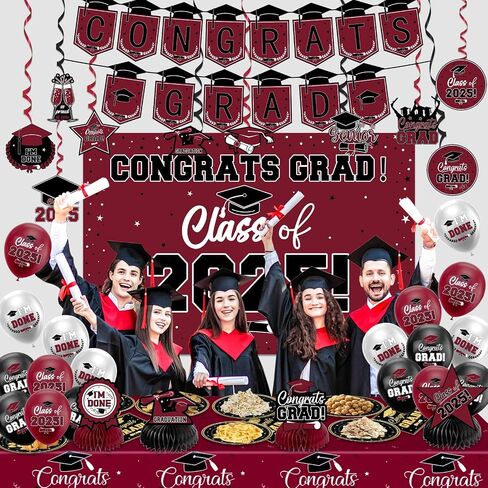 Graduation Decorations 2025, Black and Gold Congrats Party Decor Set include Banner Class of 2025 Backdrop Tablecloth Balloons Honeycomb Streamers Kit, Complete Party Supplies for College Celebrations in Saudi Arabia