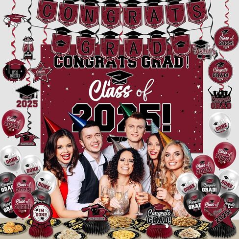 Graduation Decorations 2025, Black and Gold Congrats Party Decor Set include Banner Class of 2025 Backdrop Tablecloth Balloons Honeycomb Streamers Kit, Complete Party Supplies for College Celebrations in Saudi Arabia