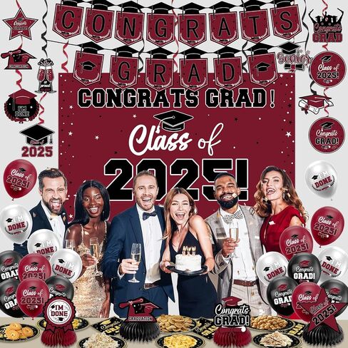 Graduation Decorations 2025, Black and Gold Congrats Party Decor Set include Banner Class of 2025 Backdrop Tablecloth Balloons Honeycomb Streamers Kit, Complete Party Supplies for College Celebrations in Saudi Arabia