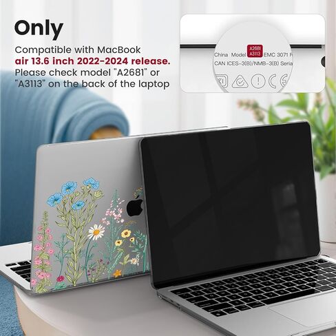 iCasso for MacBook Air 13 inch Case 2024-2022 M3 M2 Model A3113 A2681，[Ultra Thin Armor][100% Ultra Clear], Air 13.6'' Flower Crystal Clear Hard Shell Protective Cover+Keyboard Skin, Brown in Kuwait