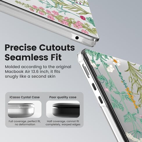 iCasso for MacBook Air 13 inch Case 2024-2022 M3 M2 Model A3113 A2681，[Ultra Thin Armor][100% Ultra Clear], Air 13.6'' Flower Crystal Clear Hard Shell Protective Cover+Keyboard Skin, Brown in Kuwait
