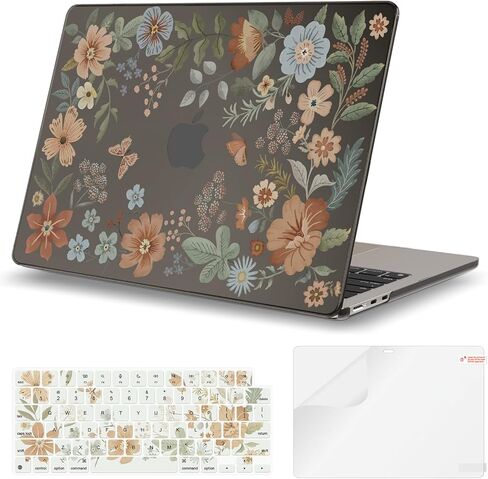iCasso for MacBook Air 13 inch Case 2024-2022 M3 M2 Model A3113 A2681，[Ultra Thin Armor][100% Ultra Clear], Air 13.6'' Flower Crystal Clear Hard Shell Protective Cover+Keyboard Skin, Brown in Kuwait