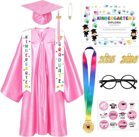Kindergarten Graduation Cap and Gown 2025 Kids Preschool Graduation Shiny Cap Gown Set with Tassel Stole Certificate in Kuwait