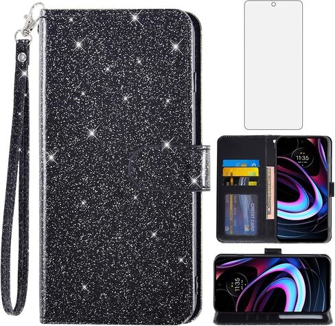 Asuwish Phone Case for Motorola Moto Edge 2021/MotoEdge 5G UW with Tempered Glass Screen Protector and Glitter Wallet Cover Flip Card Holder Slot Stand Cell Accessories MotoEdge5GUW Women Men Pink in Saudi Arabia