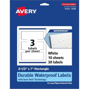 ملصقات مستطيلات متينة مقاومة للماء Avery مع تغذية مؤكدة ، 2.5 "× 7" ، 30 ملصقات مقاومة للماء ، مقاومة للدموع ، ملصقات قابلة للطباعة على الحبر المطبوعة إلى الحافة والليزر/الصباغ