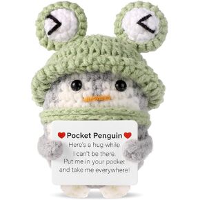 Penguin إيجابية مضحكة ، 3.5 بوصة لعبة طيور البطريق المحبوك مع قبعة ضفدع تشجيع البطاقة دمية دمية هدية الكروشيه الإيجابية لزخرفة حفلة عيد الميلاد
