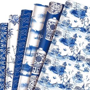 Chinoiserie Wrapping Paper 12 Sheets,6 Types Blue White Chinoiserie Wrapping Paper,China Elements Porcelain Oriental Art Printed Paper for Birthday Daily Wedding Gift Packing Supplies(20x27 Inch)