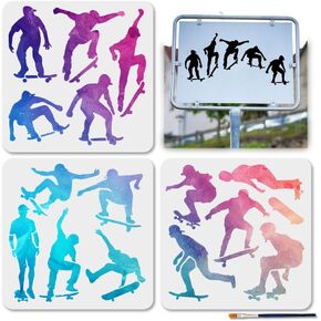 Mayjoydiy 3pcs skatboard Plaint Paints Stencils Skatboard Pose Stencils 11.8 × 11.8 بوصة مع فرشاة الطلاء معاد الاستخدام المتحمسة قالب الرسم للنوافذ الحائط الخشبية DIY