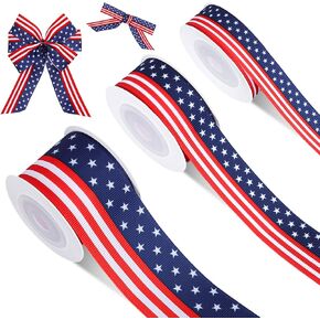 Whaline 3 Rolls 4 يوليو الوطني Grosgrain Ribbon USA Flag Stars Stripes Martbon White Blue Red for Independence Day Memorial Gift Wrate Breath Bow Party Decor