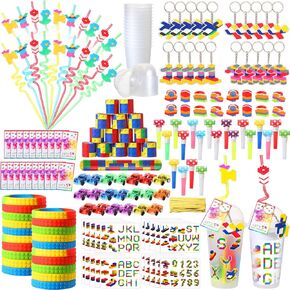 201 PCS Build Build Forms Fords with Reusable Drink Straws Building Build Builds Slap Bracelets Stickers and Hights Facs for Kids Gamer Birthday Party Supplies (Classic)