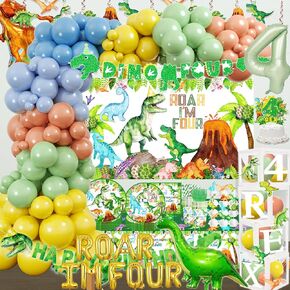 Dinosaur 4th Birthday Party Supplies Decorations Rawr Roar I Am Four Party Decorations Dinosaur Plates Napkins Cups Tableware Set Balloon Box Garland Banner Backdrop tablecloth Dino Decor