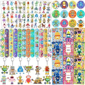 60 PCS Robot Party Favors ، Robot Tattoos Slap Bracelets Cheychains chicens adges for Robot Birthday Party Decorations Foolies for Kids Classroom Rewards
