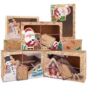 12 PCS Christmas Cookie Boxes with Clear Window, Large Christmas Kraft Gift Boxes with DIY Gift Tags and Ribbons, Bakery Treat Candy Doughnut Boxes for Holiday Gift Giving, Christmas Party Favors