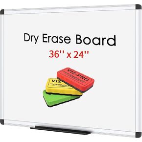 VIZ-PRO Magnetic Dry Erase Board, 36 X 24 Inches, Silver Aluminium Frame, with 3 Colored Erasers
