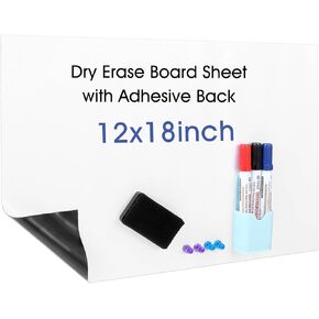 Dry Erase White Board Sheet 12" x 18" with Adhesive Back Self-Adhesive Whiteboard Dry Erase Board for Wall,Fridge,Glass,Magnetic Cuttable Whiteboard for Office,Home,School w/Markers,Eraser and Magnets
