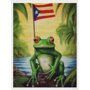 Yeeiffd Puerto Rico Flag Frog Diamond Paint Art Kits for البالغين مجموعات فن الماس 5D الماس مجموعات فنون للفنون للمنزل ديكور 12x16inch