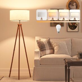 Litehistory Wood Tripod Floor Lamps لغرفة المعيشة وغرفة النوم والمكتب ، مصباح واقف مع ظل البيج البيج ، ومصباح ثلاثي الألوان ، ومفتاح سحب ، ومصباح طويل القامة للهدايا يوم الأم ، والبني