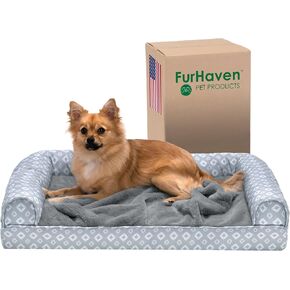 سرير الكلب العظمي المريح في Furhaven للكلاب المتوسطة/ الصغيرة مع مدافع قابلة للإزالة وغطاء قابلة للغسل ، للكلاب التي تصل إلى 35 رطلاً - أفخم وماسي طباعة العش العلوي - الرمادي ، المتوسط
