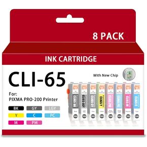Cli-65 Ink Cartridges with Chip Cli 65 InkCompatible with Pixma Pro 200 PRO-200S Toner Printer (8Packs，1BK, 1C, 1M, 1Y, 1PM, 1PC, 1GY, 1LGY)