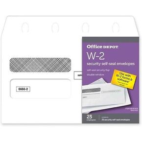 Office Depot Brand Double-Window Self-Seal Parices لـ 25 موظفًا من النماذج الضريبية W-2 ، 9 1/4 "× 5 5/8" ، وايت ، حزمة من 25 مظاريف
