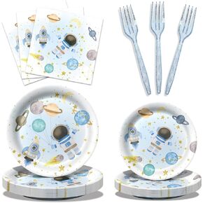 96 PCS SPACE موضوع عيد ميلاد ديكورات Galaxy Planet Party أدوات المائدة مجموعة لوحات الفضاء والمناديل لكواكب نظام الطاقة الشمسية ديكورات حفلة عيد ميلاد الأطفال
