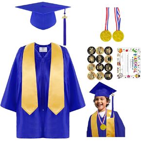 Kindergarten Graduation Cap and Gown Set with Sash Medal Certificate Pins for Preschool Kids – Black and Gold