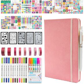 طقم دفتر اليومية المنقطات الرصاصة ، مجموعة مستقرة A5 A5 Hardcover Journal Notebook 160 صفحة للمبتدئين نساء للبنات مع الملصقات وألواح الاستنسل وأشرطة Washi وأقلام الأقلام