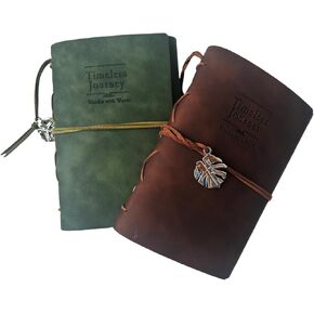 2-Piece Vintage Travel Journal Set, Travel Diary Notebooks with Refillable A6 Craft Paper and Zipper Card Holder