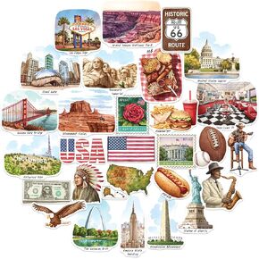 Navy Peony Iconic USA Travel Stickers (28pcs) - Hand-Illustrated, United States, American-Themed Vacation Decals for Journals, Scrapbooks, Luggage