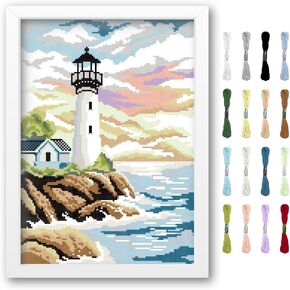 FreeBloss Lighthouse Cross Stitch Kit Cross Stitch Starter Kit للبالغين مع تعليمات 13 * 17 '' Cotton Cross Cross Wall Art Cross Cross for Begnnrs Cross Stitch Wall No Frame