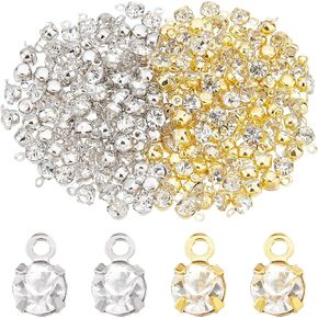 SUPERFINDINGS 200Pcs 2 Colors Tiny Rhinestone Charms 7mm Round Brass Cubic Zirconia Charms Mini Crystal Dangle Pendants with Loop Gold Silver Drop Charm for DIY Jewelry Making Craft,Hole:1mm