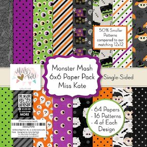 حزمة ورق 6x6 - Monster Mash - لـ 7 سجلات قصاصات متخصصة ، تتضمن مجموعة أحادية الوجه 6 "X6" 64 ورقة - 50 ٪ من الأنماط الأصغر - بقلم Miss Kate Cuttables