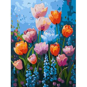 Meothan Flowers Paint by Numbers Kits for Adults Beginners-Tulip Flowers Paint by Number for Adults, Easy Canvas Paint by Numbers for Adults for Home Wall Decoration and Gifts 16X12 inch