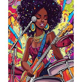 Qaceyid Rock and Roll Paint بأرقام للمبتدئين الكبار Africa Woman Black Painting Kit 16x20 بوصة موسيقى الجاز الموسيقية أكريليك الفنون الحرفة الديكور Rock Musical Equipment
