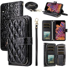 Argyle Wallet Case for Samsung Galaxy Xcover Pro with Crossbody/Wrist Strap Lanyard Luxury PU Leather Kickstand Zipper Purse Shockproof Cell Phone Cover for X SM-G715U SM-G715U1 Women Men Red