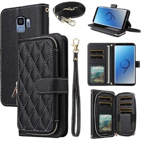 Argyle Wallet Case for Samsung Galaxy S9 with Wrist Strap Shoulder Strap, Zipper PU Leather Flip Credit Card Holder Stand Accessories Cell Phone Cover for S 9 Edge 9S GS9 Women Girls Red