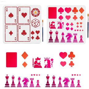 MAYJOYDIY 2 Sets Playing Cards Chess Stencils Hearts Clubs Diamonds Spades Stencil 11.8×11.8inch International Chess Pieces Dice Drawing Stencil with Paint Brush for Art Craft on Wall Furniture Wood