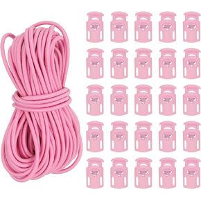 PATIKIL 10 Yard Elastic Bungee Cord & Single Hole Cord Lock, 25 Pack Plastic Oval Spring Toggle Stopper for Paracord Drawstring Shoelace Clothing Backpack Bags, Pink