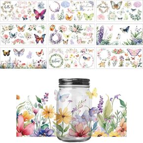 10 أوراق DTF Cup Wrap Transfer ، فرك ملون على ملصقات النقل Butterfly DTF Transfer Transfer Transfer Floral Cup Cup Transfer For 16oz Glass Cup Cup