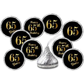 65th Birthday Black Kisses Stickers, (Set of 216) Chocolate Drops Labels Stickers for 65 Birthday, Party Favors Decor for Kisses. Made in USA,