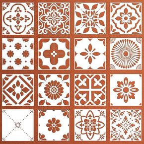 16pcs stencils الإسبانية (8 × 8 بوصات 16 تصاميم) استنسل بلاط الأرضية القابلة لإعادة الاستخدام للطلاء على الأرضيات ، والبلاط ، والفناء الخرساني ، والشرفة الأمامية ، والأثاث ، والحمام ، وديكور الجدار المنزلي و DIY الفنون الحرف اليدوية