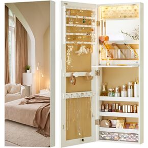 LUXFURNI LED Jewelry Organizer with Mirror, Small Jewelry Cabinet Wall-Mount/Door-Hanging Armoire,Lightweight Jewelry Storage for Bedroom