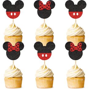 Ercadio 24 PCS Mouse Inspired Cupcake Toppers Glitter Black and Gold Mouse Cupcake Picks 3rd Birthday Baby Shower Kids Boys Birthday Party Cake Decorations Supplies Pink 3