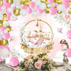 المعمودية الأولى ديكورات الشركة Primera Comunion Decoracion ، Mi Nuestra Primera Comunion Backdrop Banner White Gold Balloon Balloon Arch ، God Bish Bautizo 1st Holy Complelic Decor