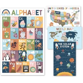 Hadley Designs 4 Alphabet ، Map of United States ، World Map ، & Solar Systems - مخططات ABC مغلفة لديكور الجدران الصغار ، ملصقات بوهو لرياض الأطفال ، الفصل الدراسي أو المنازل 11x17