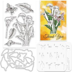 Origach Calla Lily Stency Stamp and Die Set for Cards ، وقالب الاستنسل الزهرة سيليكون ختم واضحة ومجموعات الموت المعدنية لألبوم صور القصاصات DIY.