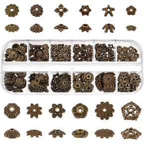 PH Pandahall 240pcs 12 أنماط قبعات حبة زهرة ، قبعات برونزية عتيقة وفروشة لاتخاذ قرار وسوار وقلادة DIY الحرف اليدوية