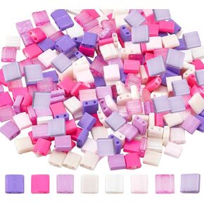 SUNNYCLUE 1 Box 320Pcs Two Hole Beads 2 Hole Beads Bulk 5x5mm Tila Beads Pink Purple Tile Beads Friendship Bracelets Loose Spacer Beads Japanese Flat Seed Beads for Jewelry Making Beading Supplies