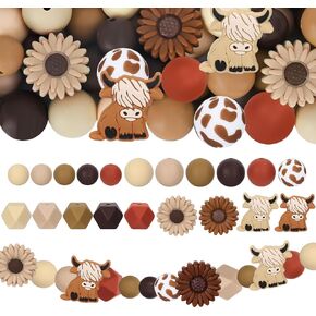 Whaline 103Pcs Highland Cow Daisy Silicone Beads with Elastic Rope Fall Brown Cattle Flower Round Hexagon Loose Rubber Beads for Autumn DIY Crafts Jewelry Keychain Making