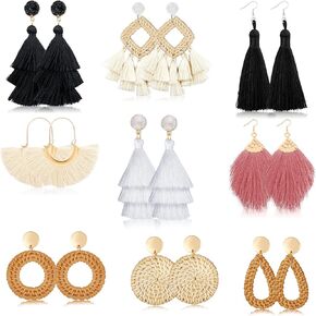 9 Pairs Rattan Earrings for Women Girls Lightweight Acrylic Geometric Statement Woven Earrings Handmade Straw Wicker Braid Hoop Drop Dangle Earrings
